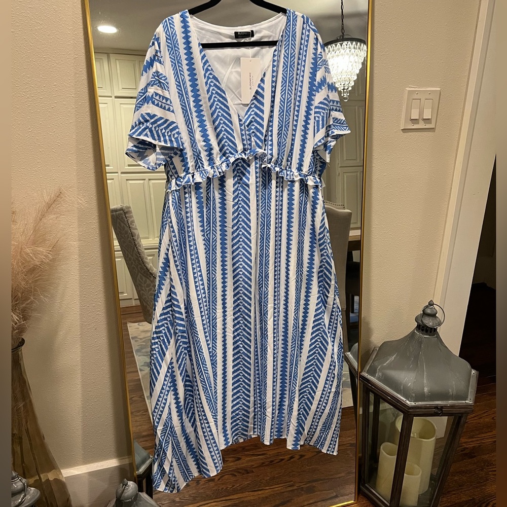 Blue and white midi dress